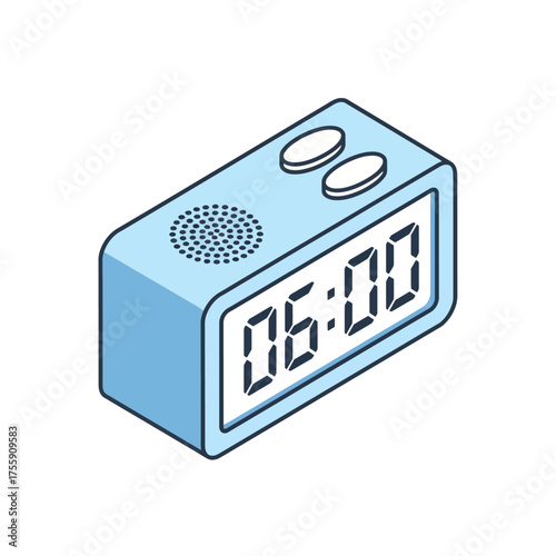 Isometric light blue digital alarm clock displaying 6:00.