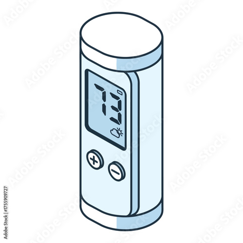 Isometric illustration of a digital thermostat with a temperature display.