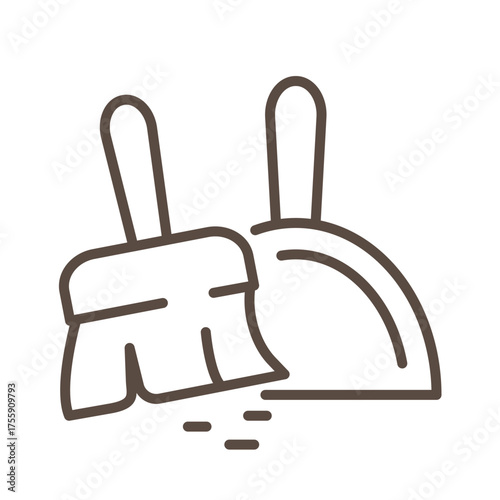 Minimal home cleaning line icon set isolated on transparent background. Broom and dustpan outline symbol for modern household equipment and hygiene concept. Editable stroke.