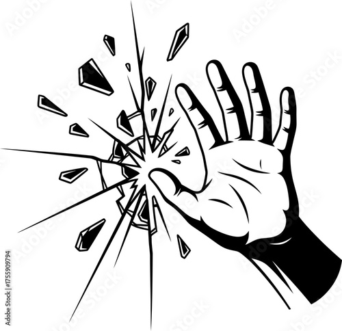 Hand breaking through glass with shattered splinters. Breaking barrier, breakthrough or strong impact concept artwork. Vector illustration