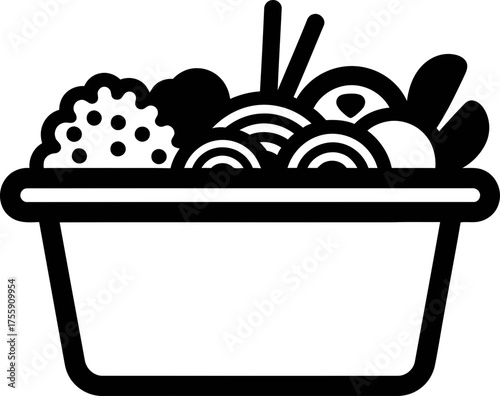 Food bowl with noodle, chopstick, vegetable and rice icon. Asian cuisine meal. Line vector illustration, outline symbol.
