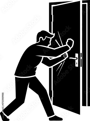 A man trying to break down a door with a crowbar, representing an uninvited guest or home invasion concept. Vector illustration.