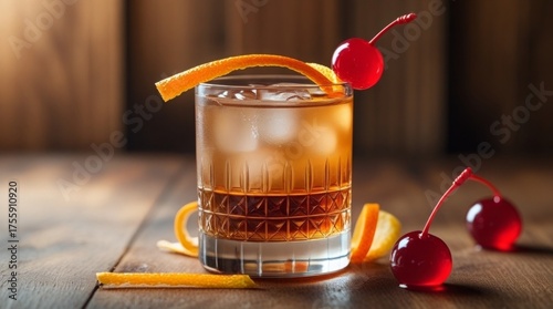 Classic old fashioned cocktail with bourbon whiskey, bitters, garnished with orange peel and cherry, realistic photo 