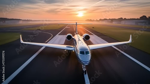 A luxury private jet poised on an airport runway, ready for takeoff into the golden sunrise, symbolizing success and exclusive travel