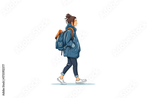 Casual Short-Haired Woman with Backpack Walking smile isolated
