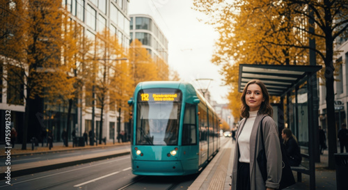 Young woman stands at tram stop in city with modern teal tram and vibrant yellow autumn trees