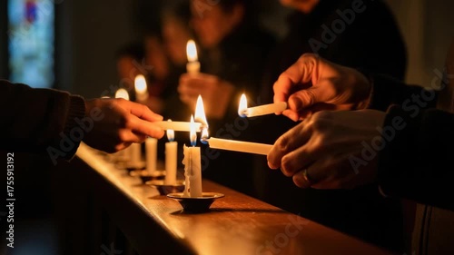 Illuminating serenity: hands passing light in candlelit ceremony. 4k Video footage