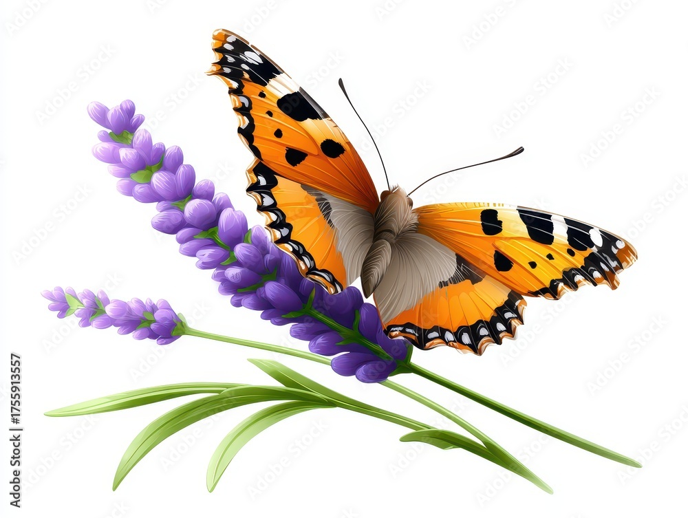 Obraz premium A colorful butterfly perched on lavender flowers, showcasing vibrant orange and black patterns against a clean white background.