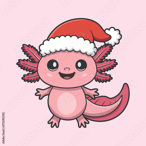 Cute cartoon axolotl wearing a santa hat for christmas