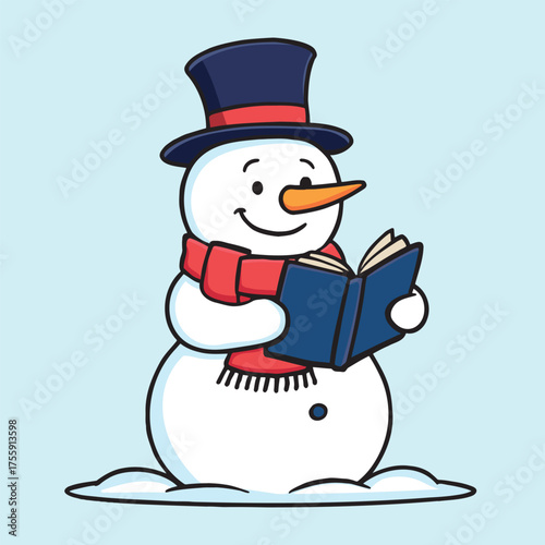 Cheerful snowman reading a book isolated on white background, enjoying a peaceful winter moment with a classic top hat