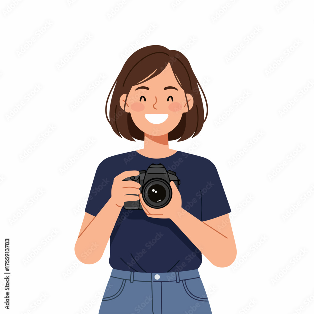 Fototapeta premium Flat Style Smiling Woman Holding Camera Device Hobby Lifestyle Illustration