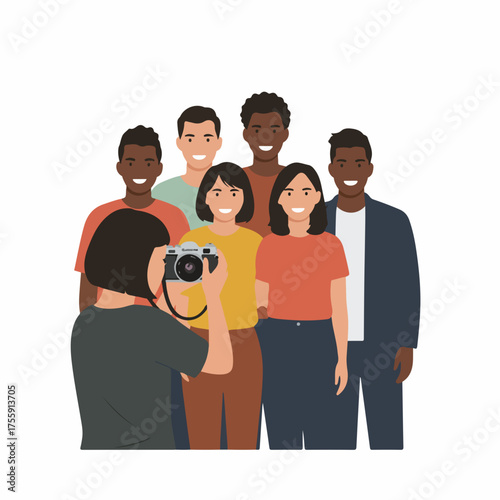 Flat Illustration of Multiethnic Group of People Posing for a Cameraman