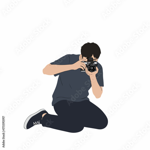 Flat Style Detailed Photographer Kneeling Down Taking Image Occupation Illustration