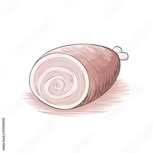Hand drawn vintage style illustration of a gourmet rolled meat product or pork roulade for cooking
