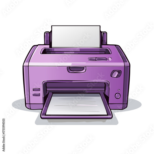 Purple printer illustration with paper in output and input trays