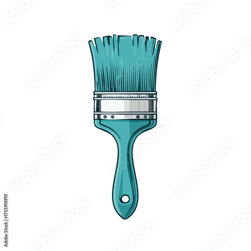 Illustration of a light blue paint brush with silver ferrule, bristles and handle, decorating equipment, isolated on white.