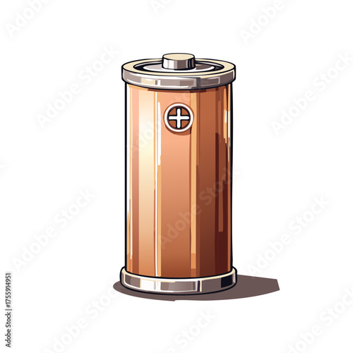 Single bronze battery power cell illustration with positive sign for energy capacity and electric current storage