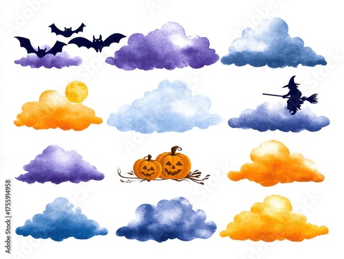 A whimsical Halloween-themed illustration featuring clouds, bats, a witch on a broomstick, and pumpkins, all in vibrant watercolor style.