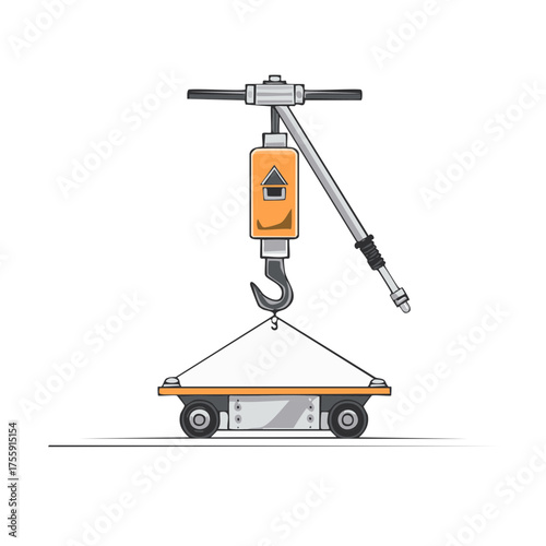 Orange industrial crane hook lifting a gray wheeled platform cart vector illustration