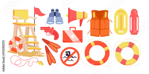 Essential sea rescue equipment including lifeguard chair, life jackets, lifebuoys, first aid kit, megaphone, and safety gear isolated on white background vector illustration