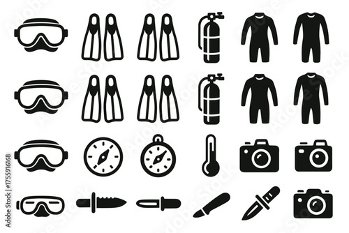 A set of 20 black and white icons related to diving and underwater sports. 