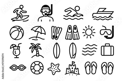 A set of 20 black and white line icons related to beach recreation and water sports.