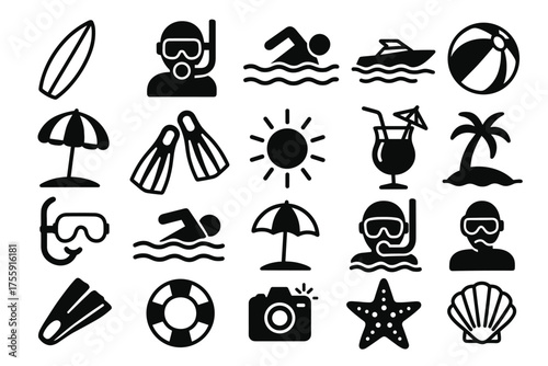 A set of 20 black and white icons related to beach recreation and water sports.