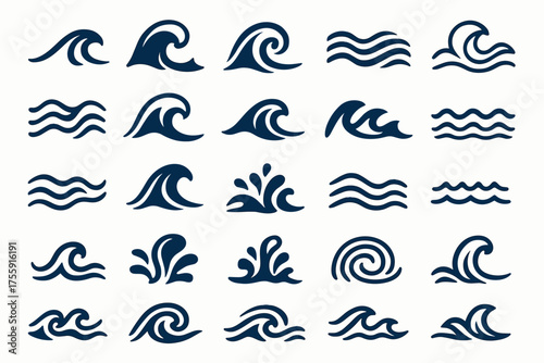A set of 20 icons depicting various stylized waves, water flows, and drops. 