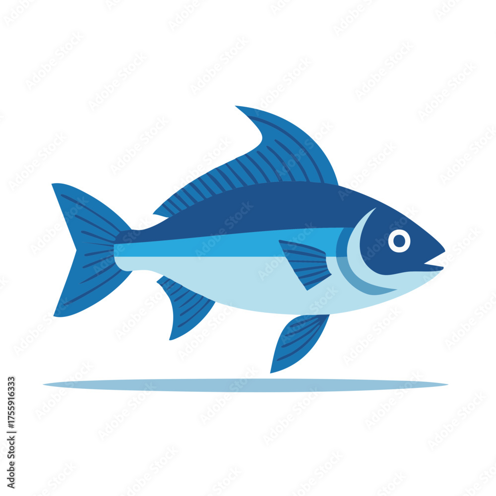 Fototapeta premium Blue cartoon fish swimming marine animal vector illustration