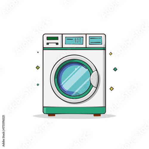 Cartoon Washing Machine Appliance with Green Accents Ready for Laundry Day