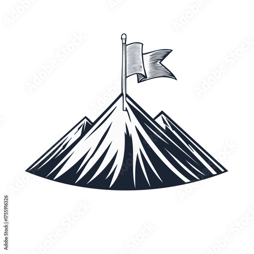 Mountain peak with flag marking victory achievement and success challenge goal concept illustration