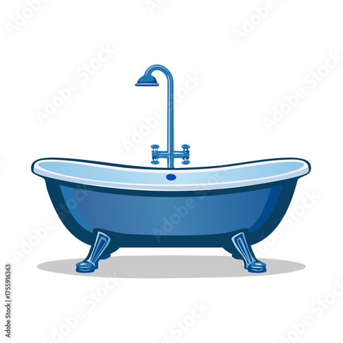 Classic Clawfoot Bathtub with Shower Illustration in Gradient Blue Tones