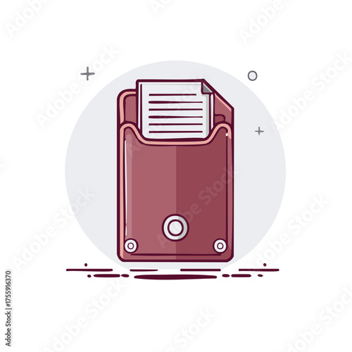 Flat design illustration of a compact document holder with a paper file inside icon.