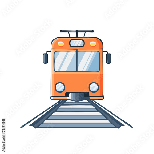 Orange tram on railroad tracks arriving front view cartoon vector illustration