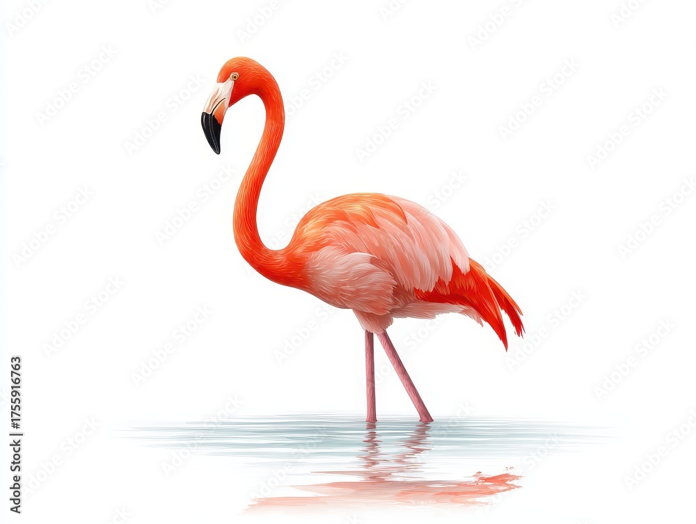 Fototapeta premium A vibrant pink flamingo stands gracefully in shallow water, showcasing its long legs and elegant neck against a light background.