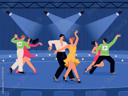 Sports dance competition. Professional dancers with numbers, rumba, samba, couples move in musical rhythm, choreography, vector illustration
