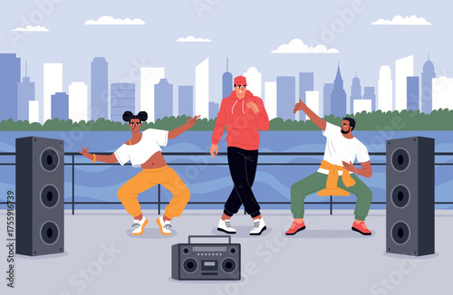 Young people dancing in street. Modern choreography, funny dancers performing, hip hop, breakdancing, river embankment, vector illustration