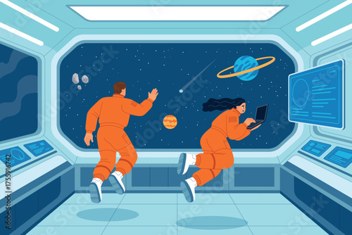 Astronauts in zero gravity. People in space, spacecraft cabin, exploration, scientists take notes, cosmonauts floating, vector illustration