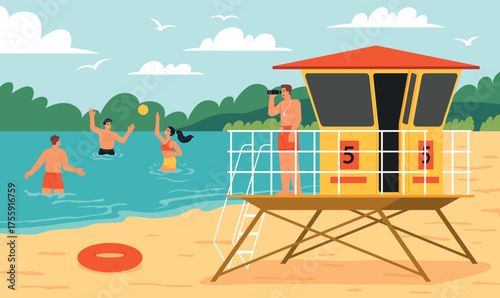 Watching vacationers on beach. Professional sea lifeguard, man with binoculars, rescue tower, people playing volleyball, vector illustration