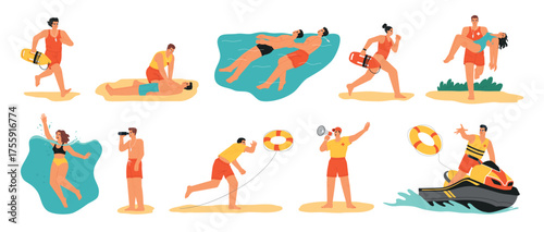 Cartoon lifeguards characters. Saving people on water, drowning in sea, summer beach patrolling, watching vacationers, first aid, vector set