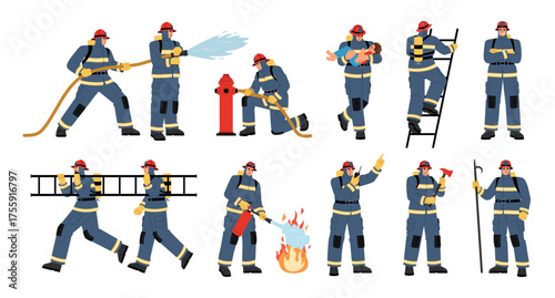 Cartoon firefighter characters. Fireman in uniform, different scenes, emergency service, saving people, watering, dangerous work, vector set