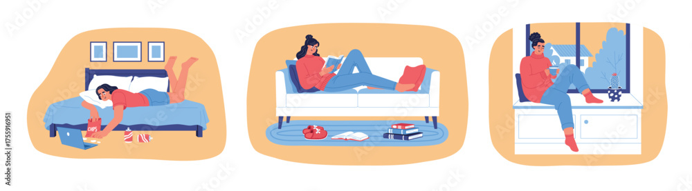 Obraz premium Funny girl lying on couch. Lazy weekend with favorite book, cozy room interior, good time at home, cute woman relaxing, vector illustration