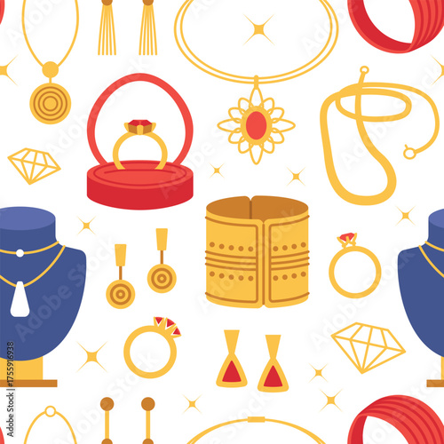 Jewelry store elements seamless pattern. Gold and silver accessories with gemstones, repeated rings, earrings, pendants, vector background