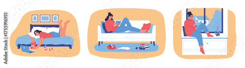Funny girl lying on couch. Lazy weekend with favorite book, cozy room interior, good time at home, cute woman relaxing, vector illustration