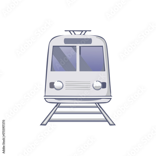 Cartoon commuter train front view riding rails with head lights and window reflections for graphic resources or public transportation