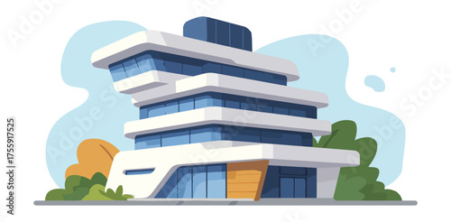 Modern building exterior illustration commercial office space with plants and sky