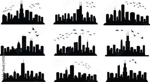 Set of nine urban city skyline silhouettes with flying birds, modern architecture buildings, downtown landscape, metropolitan horizon vector illustration