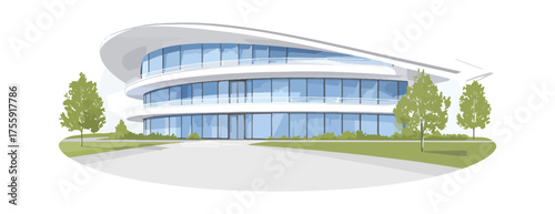 Modern office building exterior with green trees and a driveway