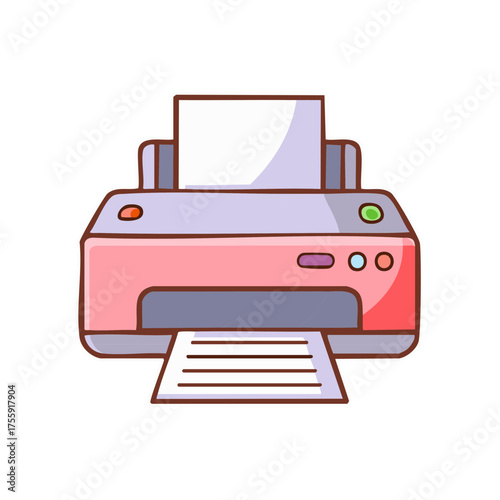 Cartoon printer machine printing document with colorful buttons and paper output