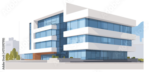 Modern office building facade with glass windows and white exterior